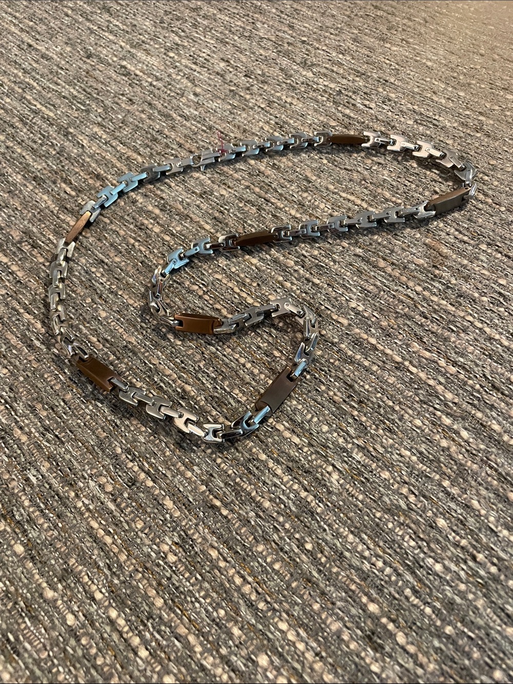 Two-Tone Stainless Steel Link Belt with Brown Accents